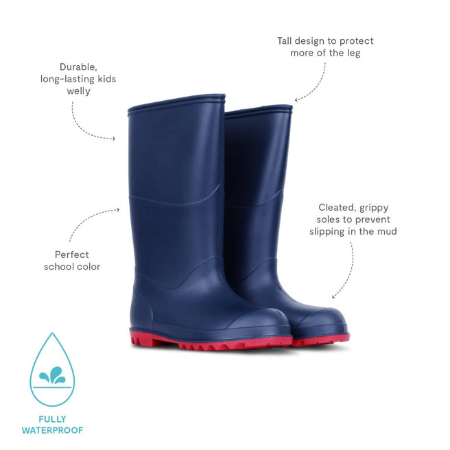 Navy Classic Wellies. Tall waterproof wellington boots with red soles, designed for durable, long-lasting wear and grip in muddy conditions.